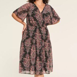 Surplice-Neck Elbow-Sleeve Midi Dress